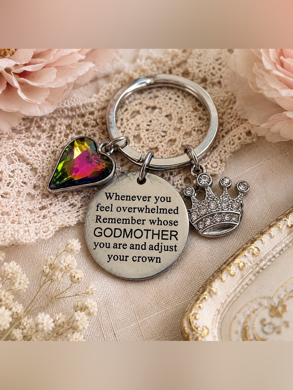 Godmother Crown Aurora Gem Heart Crystal Keychain Inspirational Gift Silver Tone